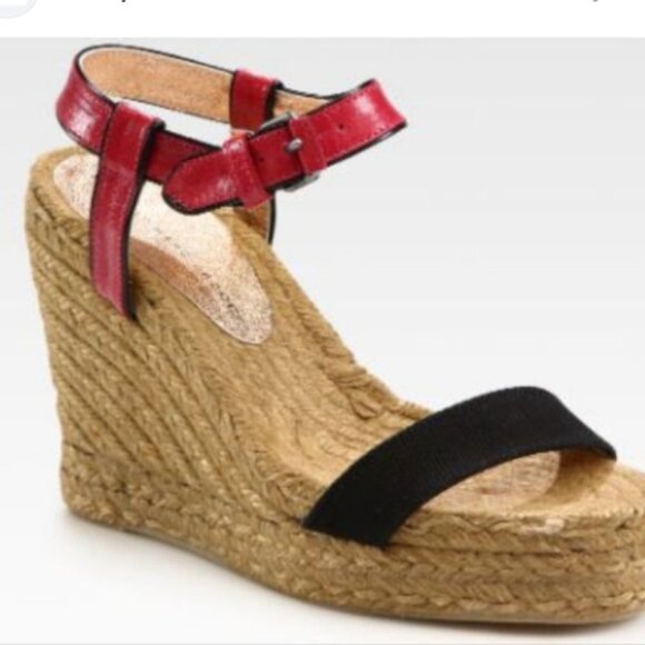 MARC JACOBS| Leather Raffia Wedge Sandals Espadrilles pink black sz 40 - Picture 1 of 6